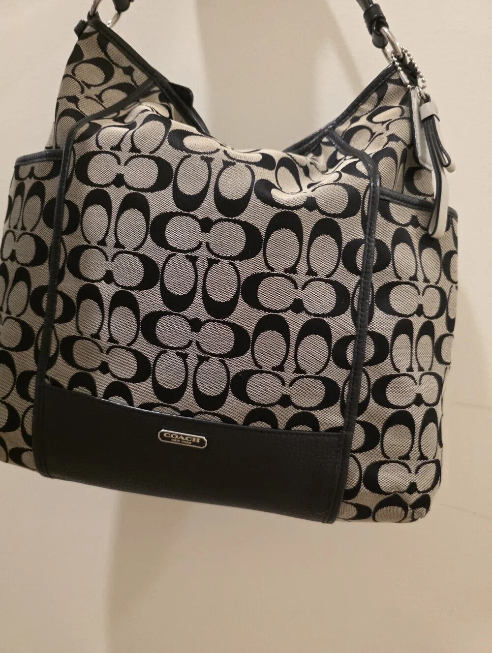Coach Park Signature Hobo Bag Canvas Monogram With Leather Detailing Black White